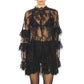 Women Lace Sheer Dress Sexy See Through Mesh Long Sleeve High Neck Floral Cover Up Cocktail Party Mini Dresses