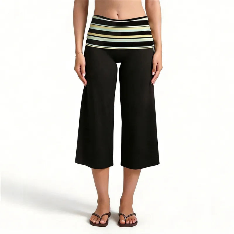 Women High Waist Fold Over Striped Waistband Cropped Wide Leg Pants Stretchy Casual Beach Yoga Capri Trousers