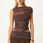 Summer Ladies Sheer Polka Dot Mesh Top Asymmetric Off Shoulder Ruched Sleeveless Blouse Casual Daily Summer Streetwear