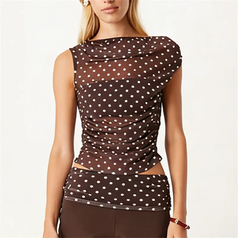 Summer Ladies Sheer Polka Dot Mesh Top Asymmetric Off Shoulder Ruched Sleeveless Blouse Casual Daily Summer Streetwear