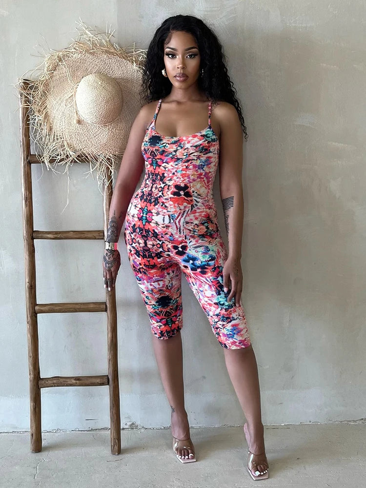 Colorful Print Jumpsuits Women Halter Low-Neck Backless Sleeveless Skinny Stretch Wrap Hip Midnight Hiptser Rompers