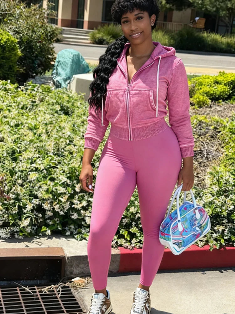 Autumn Trend 2Piece Set Woman Drawstring Simple Washed Style Hooded Jacket+Solid Yoga Pants Daily Casual Sporty Tracksuit