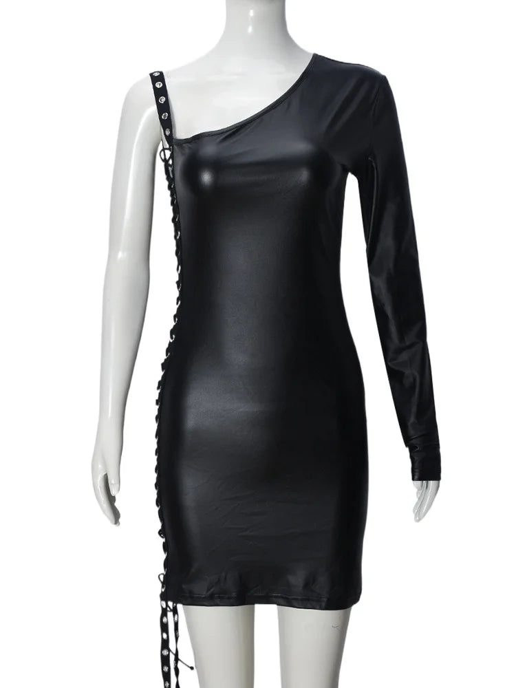 Bandage Hollow Dress Women Irregular Diagonal Collar Backless Single Sleeve Hot Girls Skinny Peach Hip Mini Bodycon