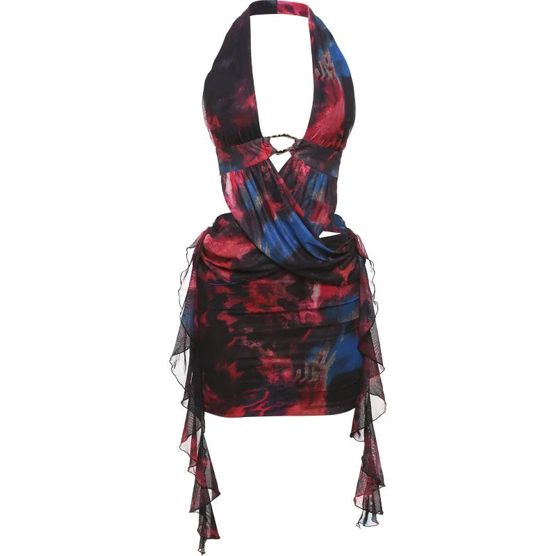 Fashion Print Deep V Neck Backless Mini Dress Sexy Clothes for Woman Hollow Out Backless Dresses
