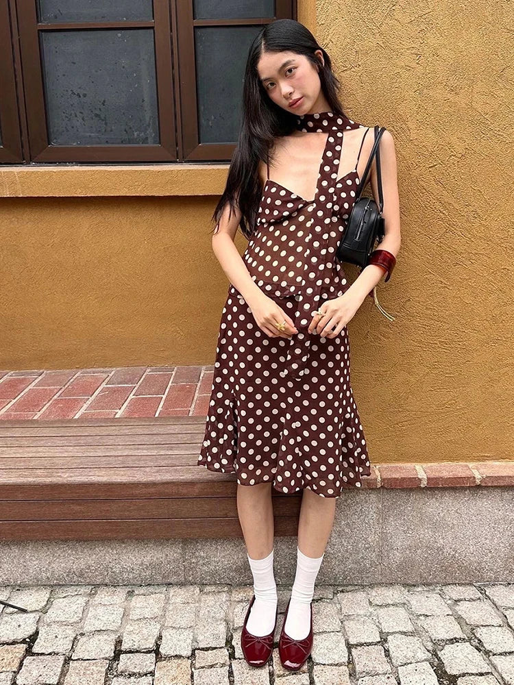 Polka Dot Print 3-Piece Set Women Scarf+V-Neck Camisole+Irregular Mid Skirts Matching High Street Sweet Elegant Suit