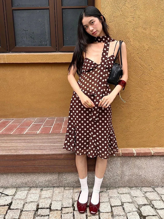 Polka Dot Print 3-Piece Set Women Scarf+V-Neck Camisole+Irregular Mid Skirts Matching High Street Sweet Elegant Suit