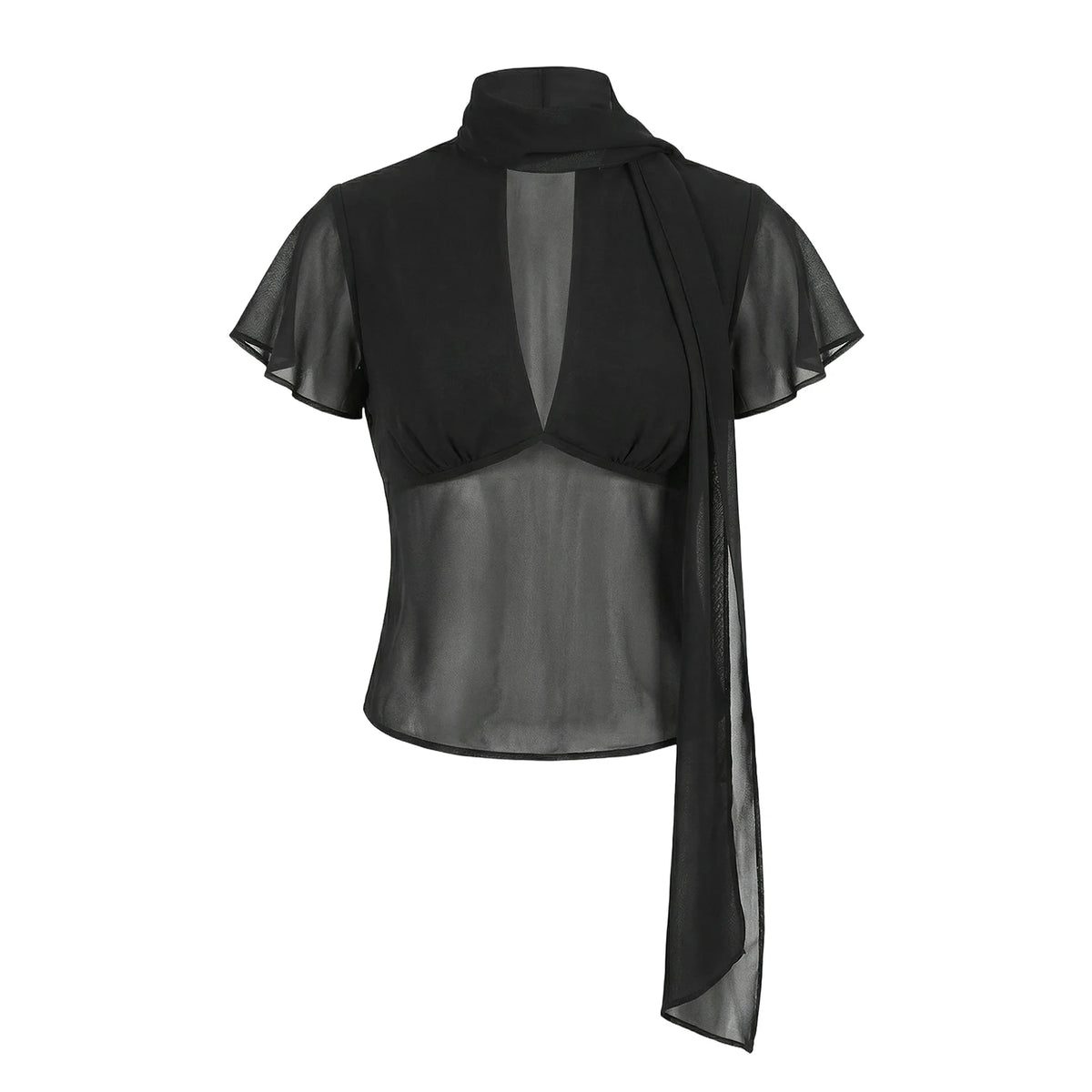 Y2K Women Mesh Sheer Blouse Short Flutter Sleeve Keyhole Neck Tie Scarf Collar Slim Fit Cropped Top Vintage Party Shirt