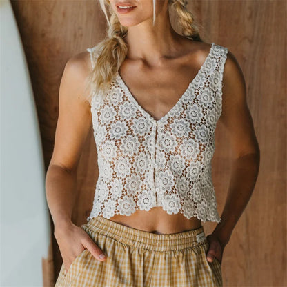 Women Crochet Lace Sleeveless Crop Top V Neck Button Down Floral Hollow Out Tank Top for Summer Beach and Vacation