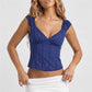 Women Frilled Shoulder Strap Tank Top Deep V Neck Lace Textured Cropped Blouse Back Shirred Elastic Slim Fit Summer Cami