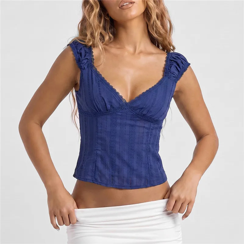 Women Frilled Shoulder Strap Tank Top Deep V Neck Lace Textured Cropped Blouse Back Shirred Elastic Slim Fit Summer Cami