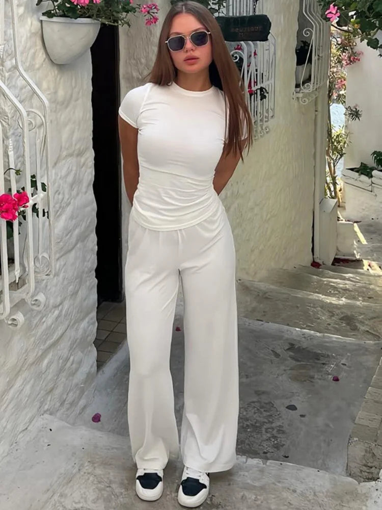 Fall Winter 2 Piece Set Long Sleeve Top Wide Leg Pants Suit Casual Clothing Cozy Lounge Sets Women Outfit