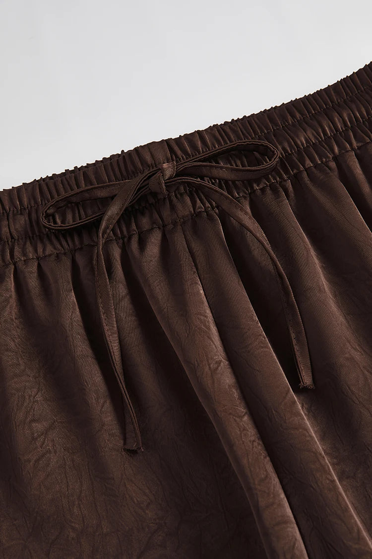 Women's High Waist Drawstring Satin Wide Leg Pants, Casual Loose Fit Solid Color Trousers, Elegant Silky Summer Bottoms