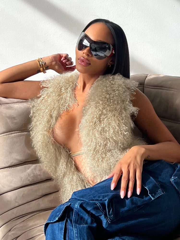 Sexy Furry Tank Tops Women Backless Sexy Midnight Cardigan Autumn Hipster Wild Basic Streetwear Halter Furs Y2K Tops