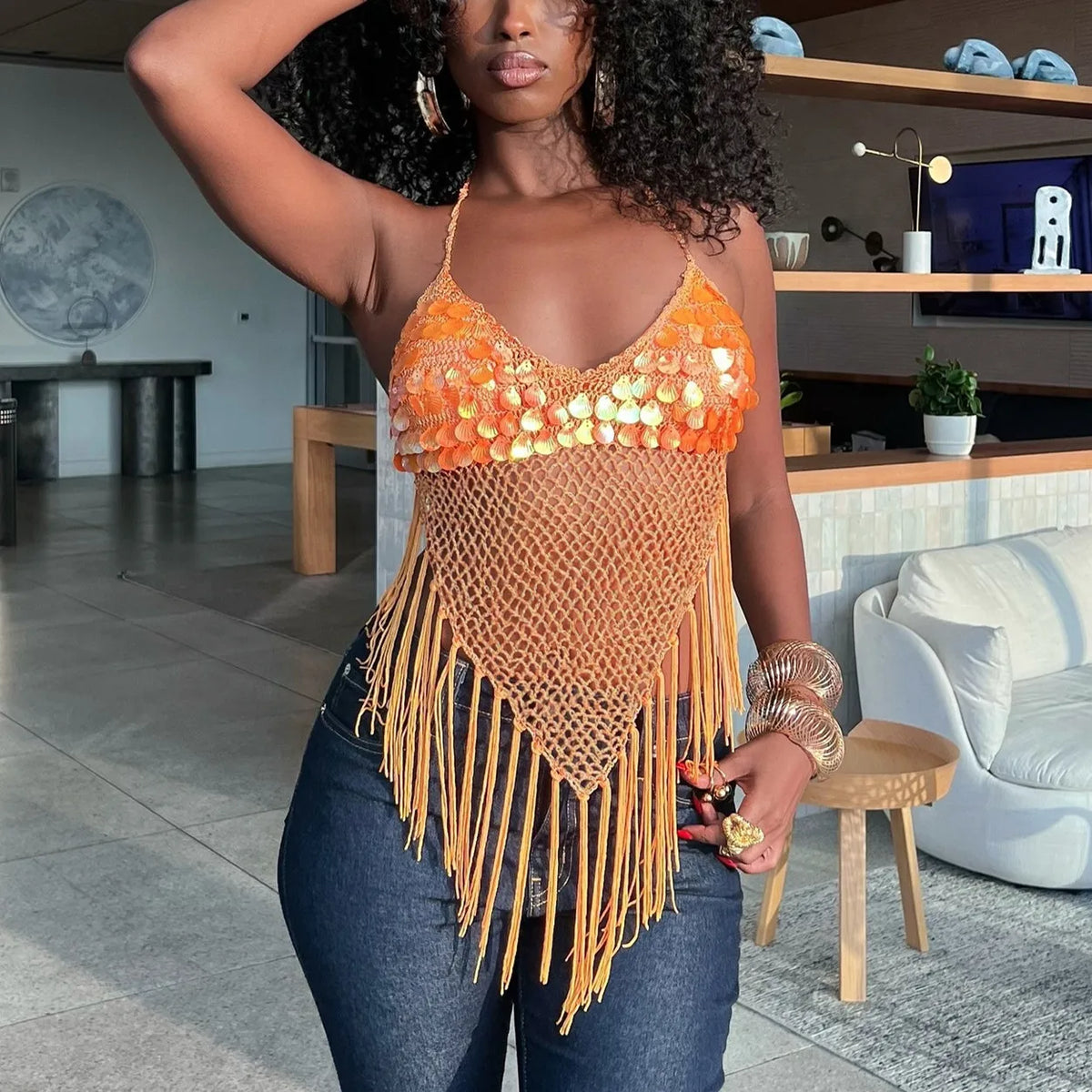 Sequin Shell Decor Hollowed Backless Camisoles with Triangle Tassels Womens Summer Lace-up Halter Neck Knit Vest Beach