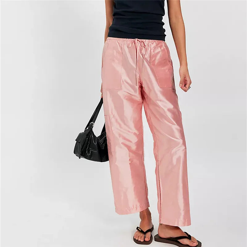 Women Glossy Satin Cargo Pants Drawstring Elastic Waist Loose Straight Leg with Pockets Y2K Casual Ankle Length Trousers