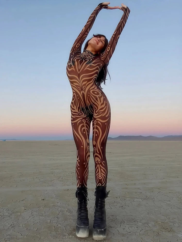Sexy Striped Print Jumpsuits Women Wild Style Turtleneck Full Sleeve Midnight Party Club Stretch Streetwear Overalls