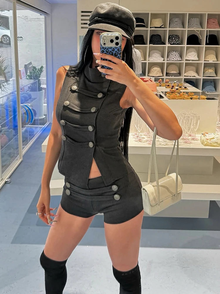 Sexy Fashion 2 Piece Set Woan Button Decoration Turtleneck Irregular Splits Hen Tops+Mini Shorts Classic Streetwear
