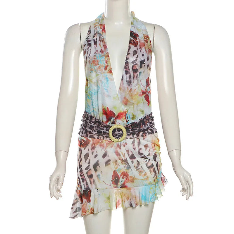 Women Halter Neck Tank Dress Slim Fashion Print Low Cut Sleeveless Open Back Mini Bodycon Dress with Decorative Belt