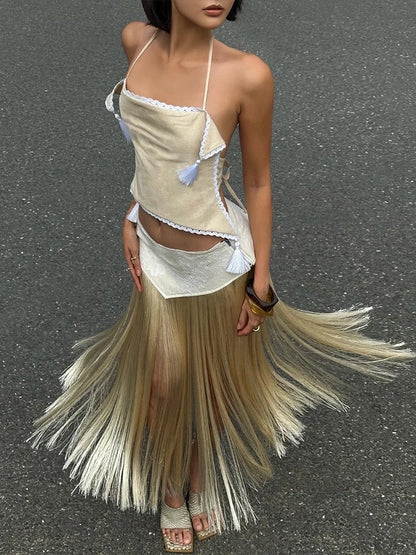 Prom Party Tassel 2 Piece Set Women Irregular Halter Backless Bandages Tank Top+Patchwork Skirt New Trend Sexy Streetwear
