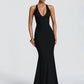 Women Deep V Halter Mermaid Maxi Dress Crisscross Lace Up Backless Long Gown Ruched Bodycon Evening Party Formal Dress