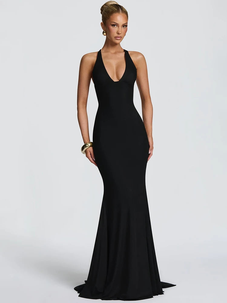 Women Deep V Halter Mermaid Maxi Dress Crisscross Lace Up Backless Long Gown Ruched Bodycon Evening Party Formal Dress