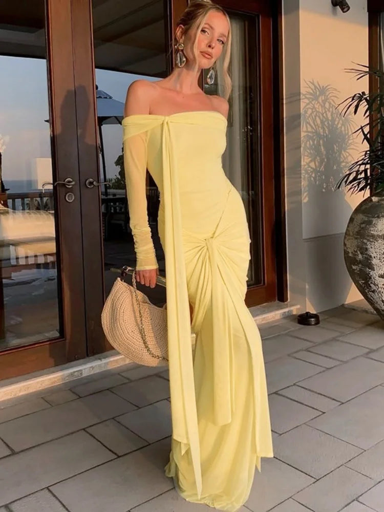 Off Shoulder Long Sleeve Maxi Dress Yellow Mesh Elegant Dresses for Woman for Party Outfits Autumn 2025