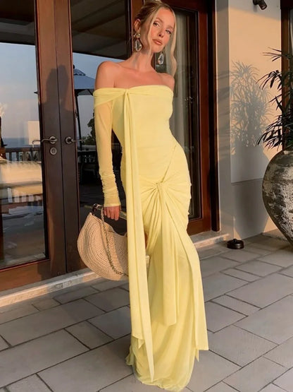 Off Shoulder Long Sleeve Maxi Dress Yellow Mesh Elegant Dresses for Woman for Party Outfits Autumn 2025