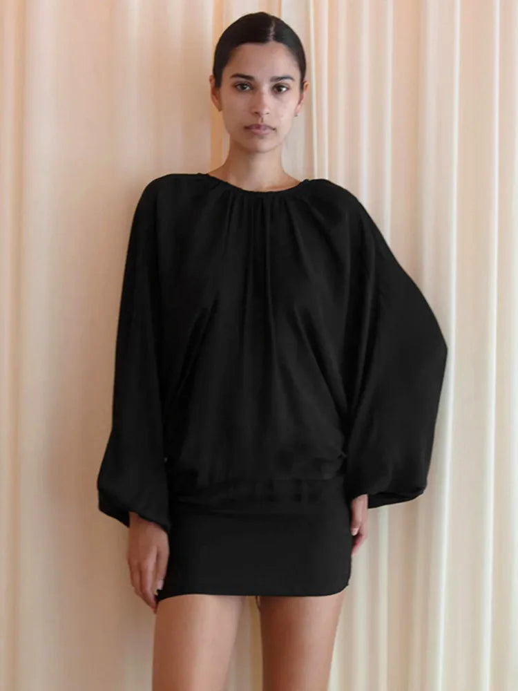 Women Blouse Sexy Mini Dress Loose Lantern Long Sleeve Round Neck Pleated Backless Dress Casual Party Beach Outfits