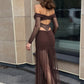Waistless Long Dress Woman Mesh Patchwork 3d Furry Decoration Slash Neck Backless Street Fashion Ruched Elegant Vestidos