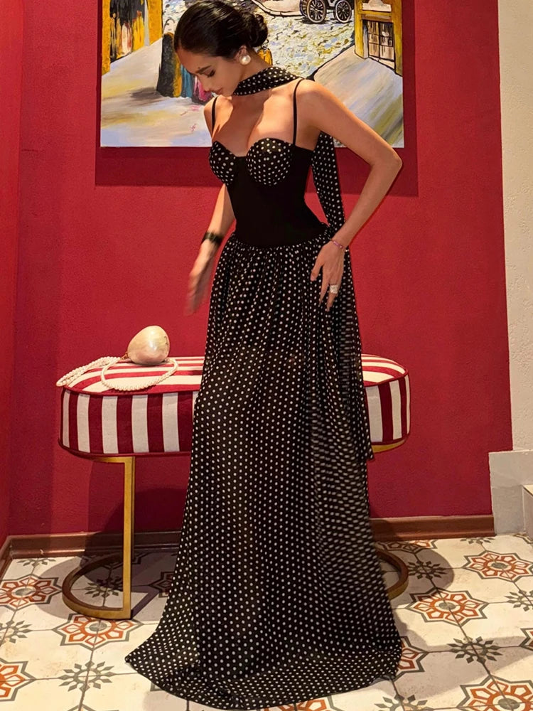 Elegant Party Sling Dress+Scarf Woman Low-Neck Backless Polka Dot Print Sleeveless Mesh Patchwork Hem Ruched Vestidos