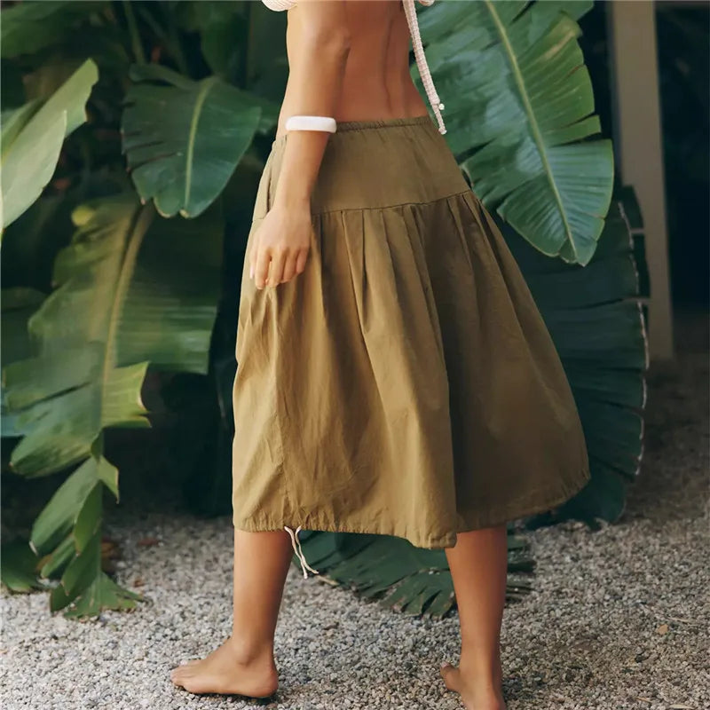 Women Loose Boho Capri Harem Pants Elastic Waistband Drawstring Pleated Adjustable Hem Tie Casual Summer Beach Culottes