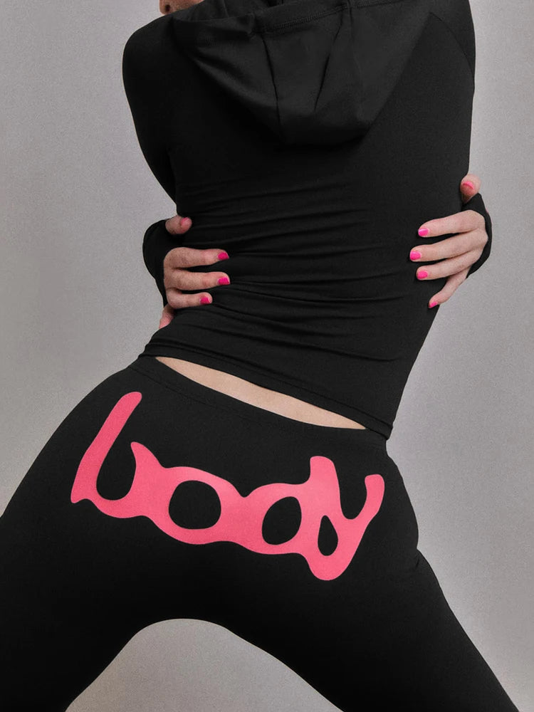 Stretch Letter Print 2 Piece Set Women Tracksuit Hooded Jacket+Leggings Matching Streetwear Skinny Casual Sporty Outfits