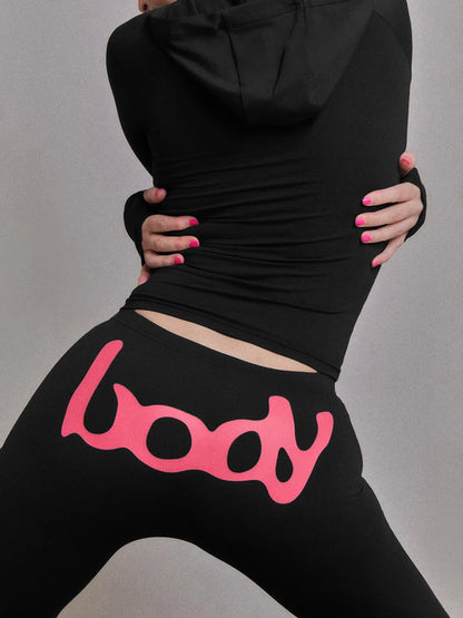 Stretch Letter Print 2 Piece Set Women Tracksuit Hooded Jacket+Leggings Matching Streetwear Skinny Casual Sporty Outfits