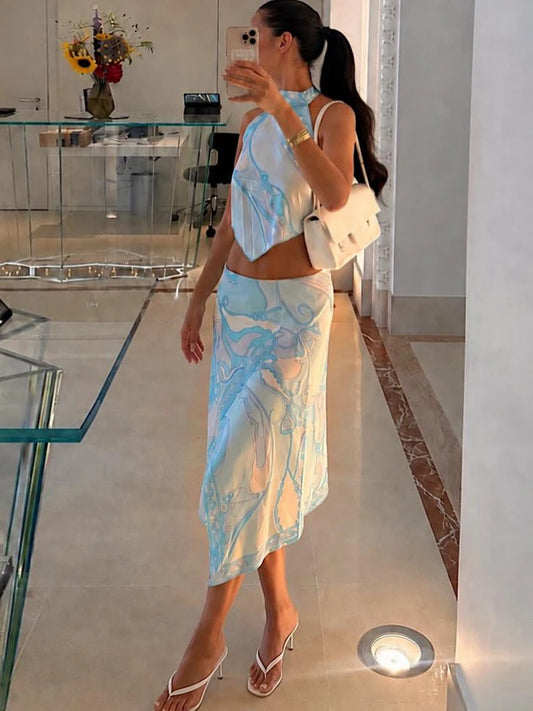 Sexy Air Print 2 Piece Set Women Fashion Bandages Halter Backless Tank Top+Irregular Hem Skirts Trend Party Club Suit