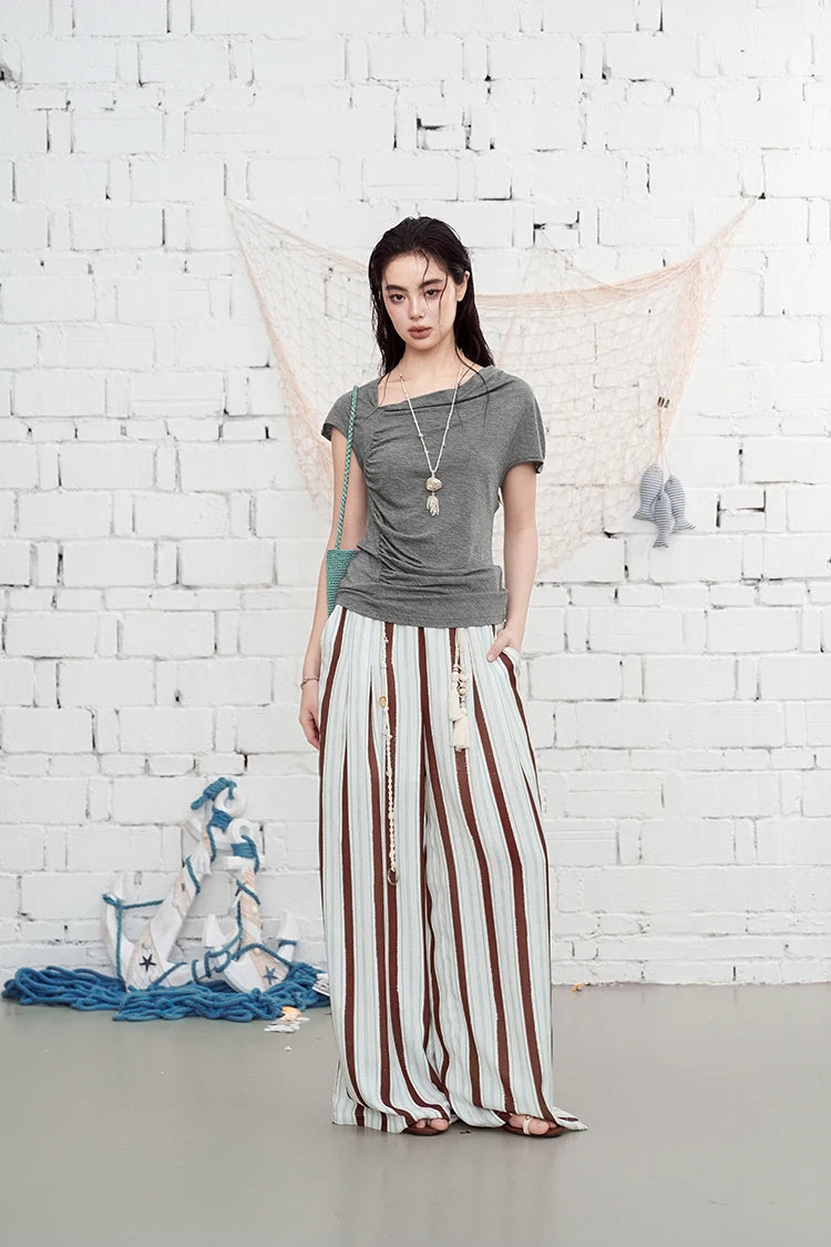 Cowl Neck Ruched Fitted T-Shirt, Draped Front Short Sleeve Top