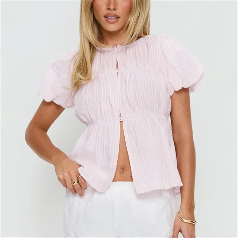 Women's Striped Textured Puff Sleeve Blouse Round Neck Button Front Shirred Waist Peplum Flowy Casual Summer Top