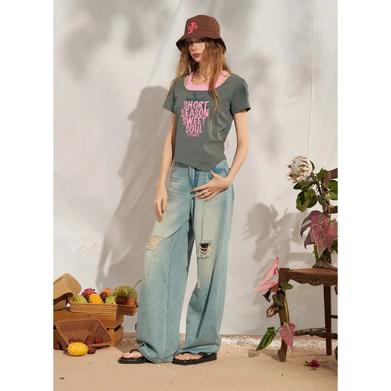 Women's Strawberry Letter Print Ribbed Knit T-Shirt, Cute Slim Fit Casual Streetwear Crop Top, 2 Colors Available