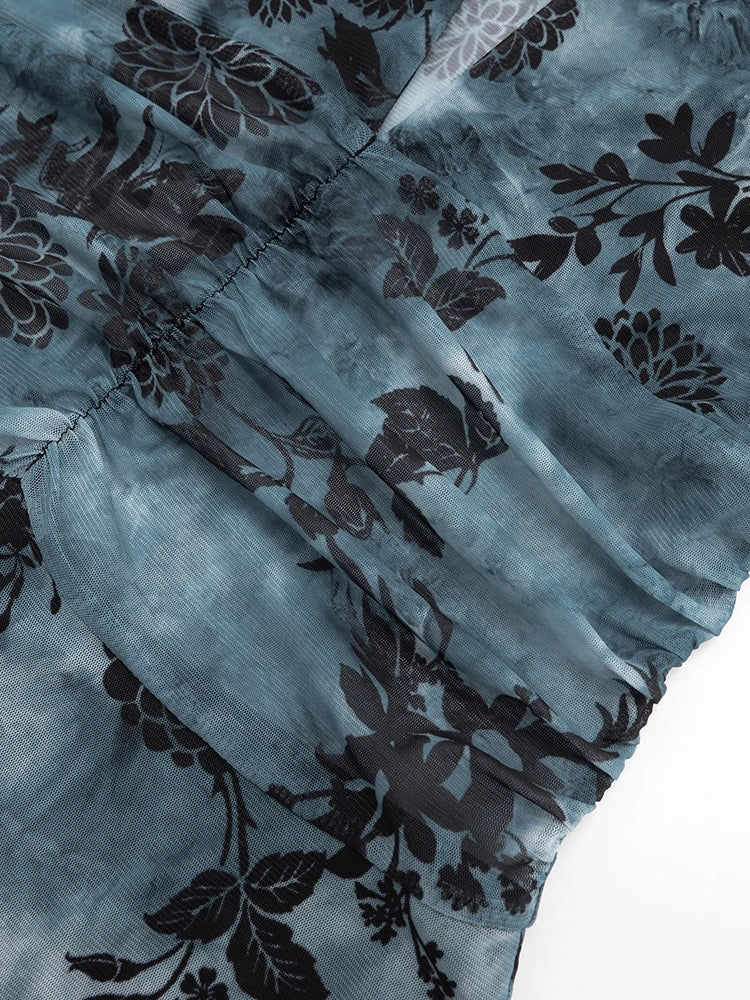 Lace-Up Sexy Plant Print Dress Women Halter Deep V-Neck Ruffle Sleeve Ruched Safety Shorts Stretch Skinny Mini Bodycon