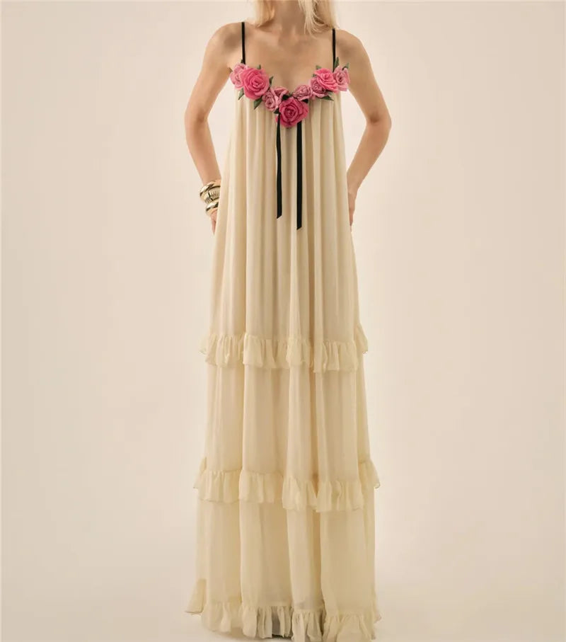 Women Long Dress 3D Floral Decor Sleeveless V-Neck Cami Dress Summer Fashion Ruffles Casual Spaghetti Strap Party Dress