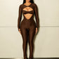 Hollow Satin Jumpsuit+Bra Tops Women Trend Simple O-Neck Full Sleeve Back Zip Patchwork Stretch Fashion Streetwear