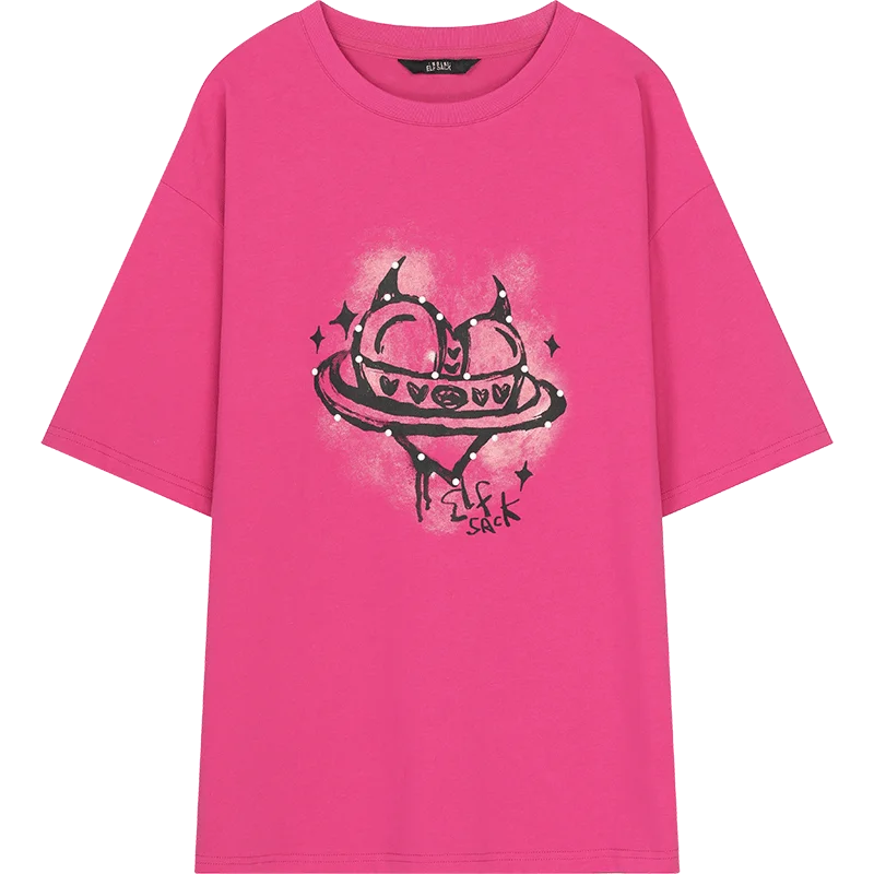 Women's Sweet Short Sleeve Graphic Tee with Cute Print, T-Shirt with Multiple Color Options, Loose Casual Autumn Top