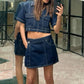 Chic Women Denim 2 Piece Set V Neck Short Sleeve Jean Tunic Tops Irregular Hem Mini Skirt Shorts Set Y2K Streetwear