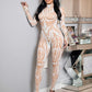 Classic Jumpsuit Women See Through  High Neck Vintage Print Skinny Sexy Midnight Fashion Wild Street Outfits