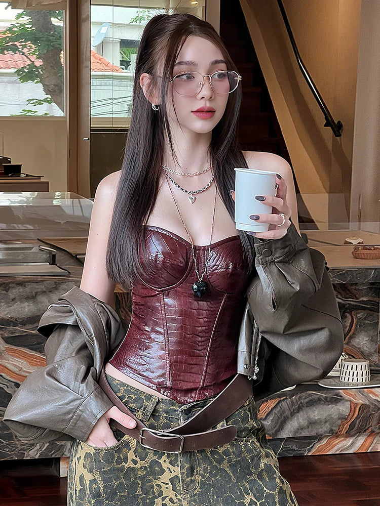 Faux Leather Corset Tops Women Low-Neck Sexy Midnight Skinny Hottie Retro Music Festival Wild Hip Hop Style Streetwear