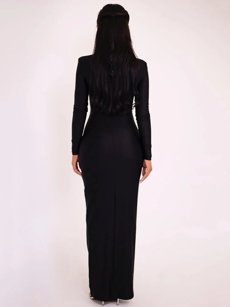 Elegant Hollow Out Long Sleeve Sexy Maxi Dress For Women Solid Color Slim Fit Cut Out Club Party Long Dress New