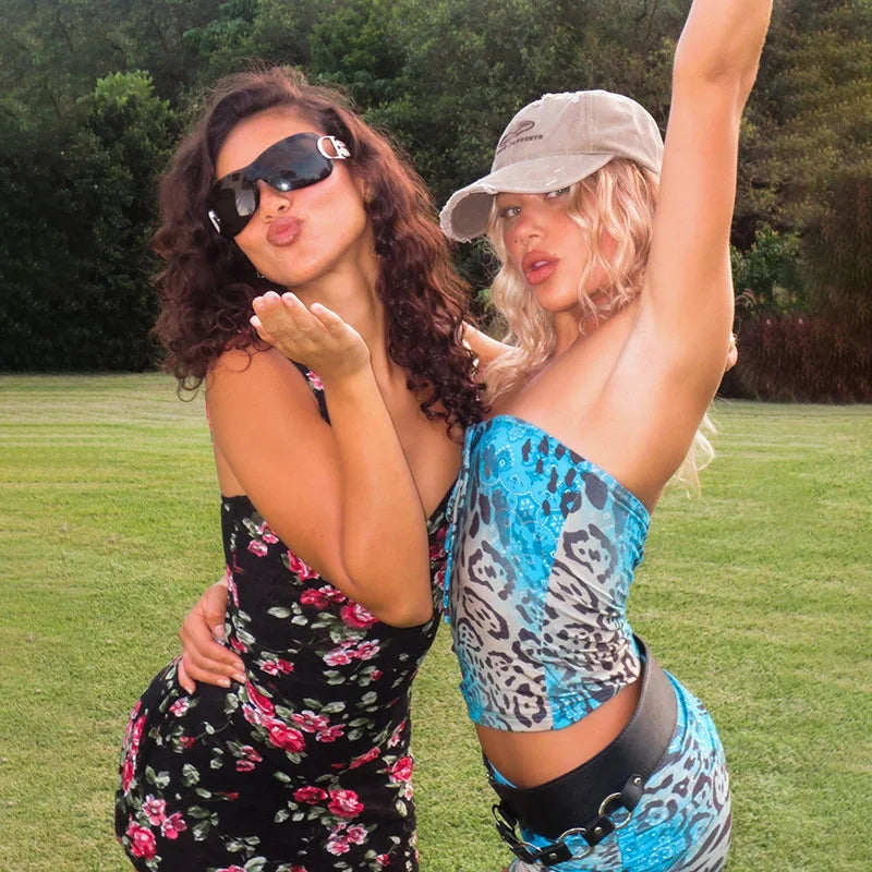 Cheetah Print Baddie 2 Piece Sets Rave Outfits Tube Top and Shorts Matching Set Streetwear Summer Clothes