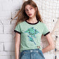 Women's Rose Print Cropped Ringer T-Shirt Color-Block Trim Baby Tee Short Sleeve Casual Fit Top