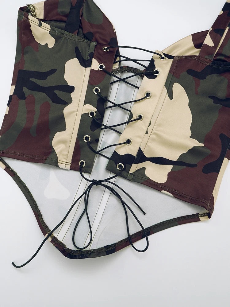 Sexy Camouflage Print 2 Piece Set Women Tracksuit V-Neck Shirring Backless Camisole+Pants Matching Street Casual Outfits