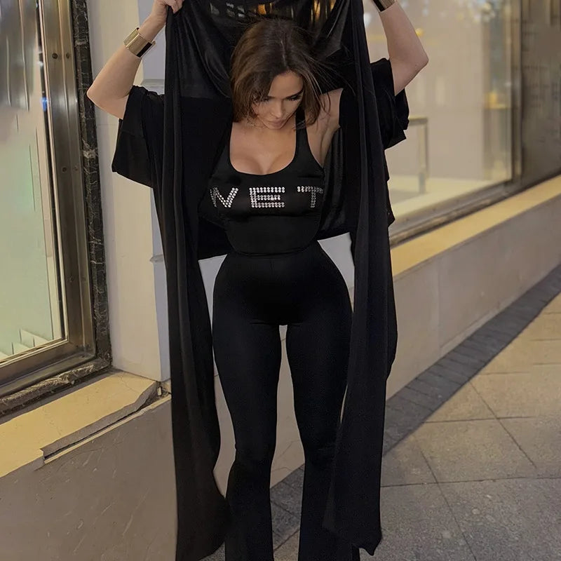 Rhinestone Wet Sleeveless Flare Jumpsuits Black One Piece Clothes Sexy Jumpsuit for Womens 2024 Club Outfits