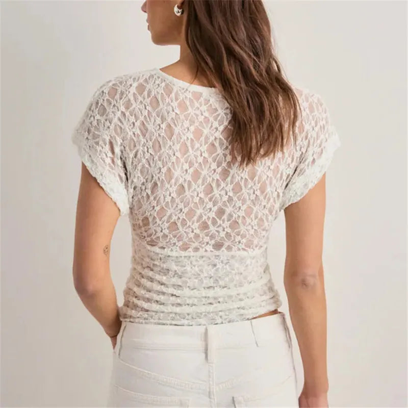 Women Sheer Lace Tops Solid Slim Fit V Neck Cap Sleeve See Through Crop Shirts for Summer Going Out Office Streetwear